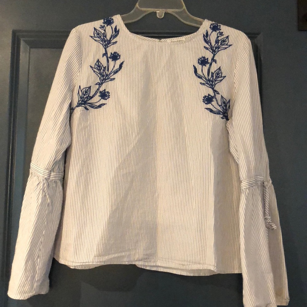 Blue and White Embroidered Striped Blouse